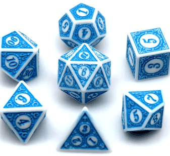 White & Blue Magic Flame 7-Dice Set DND RPG Dice Blue Color Fill -