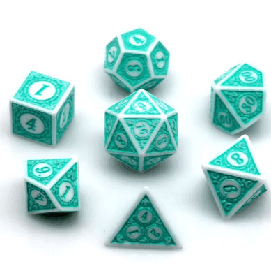 White & Teal Magic Flame 7-Dice Set DND RPG Dice Teal Color Fill -