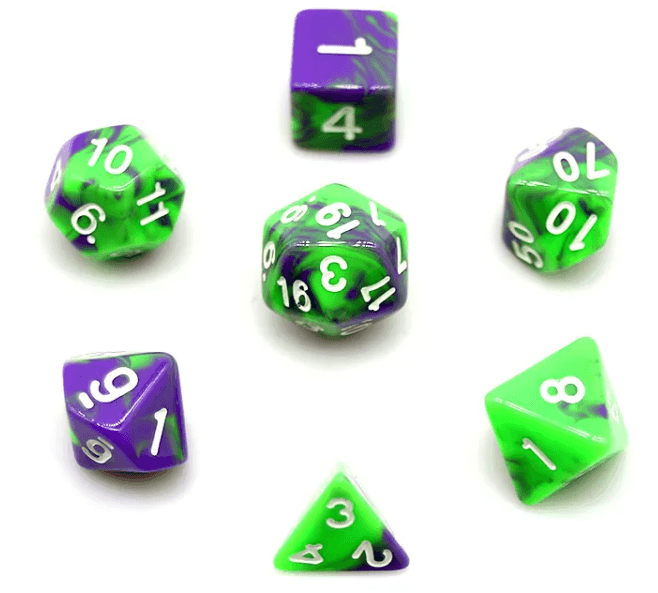 Enchanted Brew 7-Dice Set - Cauldron Purple & Potion Green Blend with White Numbers - Budget-Friendly Acrylic D&D Dice -