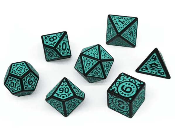 Black with Teal Ink Irregular Pattern Fill | 7-Dice Acrylic Dice Set -
