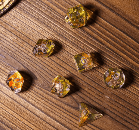 Radiant Dawn: Cleric Sun 7-Dice Set with Golden Sunburst | Yellow & Orange Sun Dice -