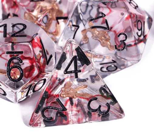 Crimson Veil: Rogue's Deception 7-Dice Set with Gilded Triple Dagger Inlay -