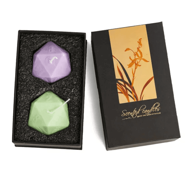 2x Dice Candle | 55mm Candle Dice with Carton Packaging (Purple/Green) -