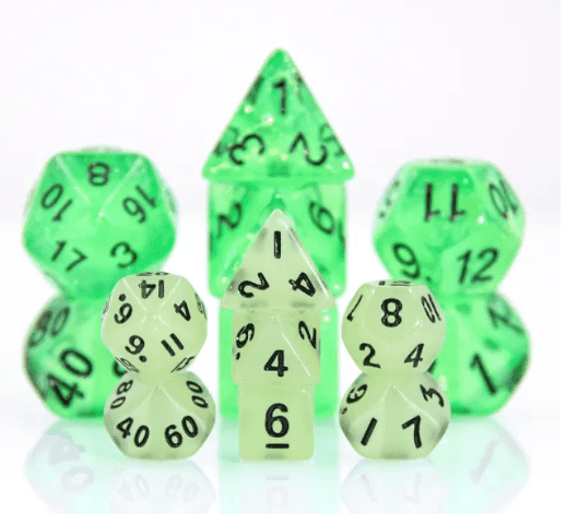 Green Glow 7-Dice Mini-Dice RPG Set Glow-in-Dark Miniature Dice -