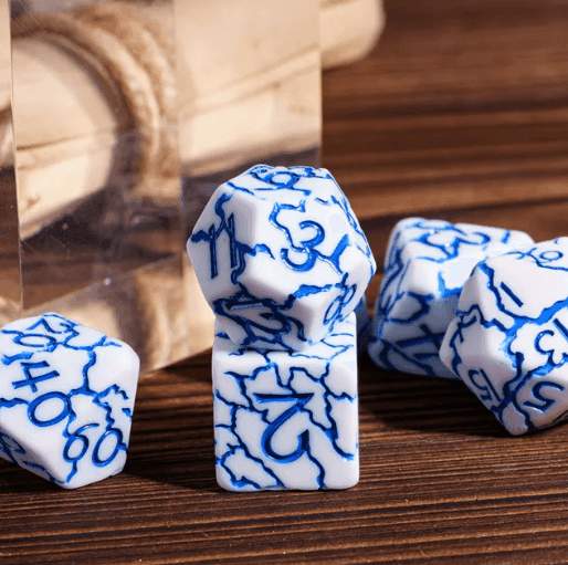 Frost Shard Crackle Nexus: 7-Dice RPG Set White with Blue Crackle Effect -