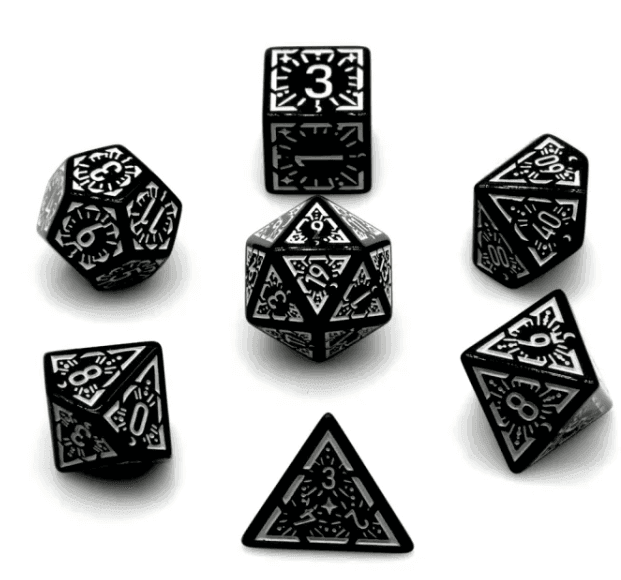 Arcane White Glyph Polyhedral Dice Set | 7-Dice Black & White -