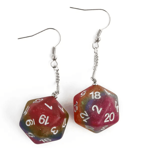 Rainbow Glitter Dice Earrings: D20 Dice Spinning Colors Nerdy RPG Jewelry -