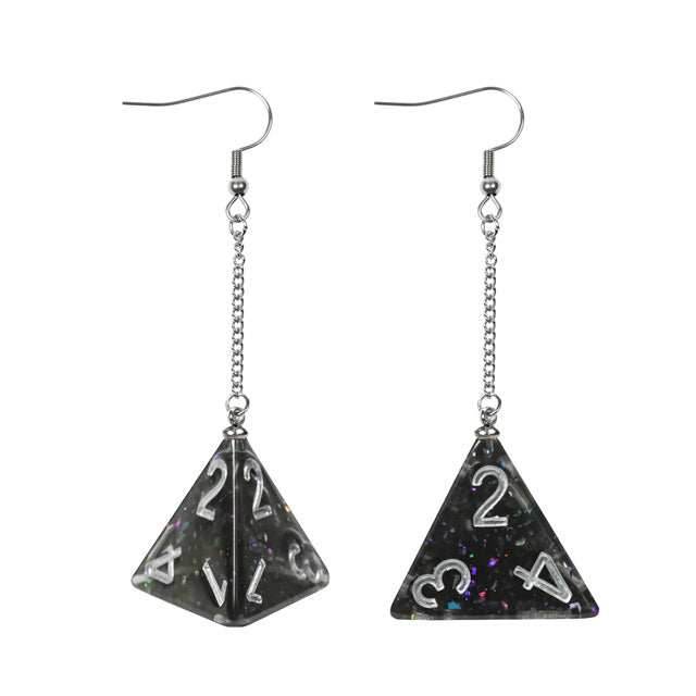 Black Glitter Dice Earrings: D4 Dice w/Colorful Inclusion Nerdy RPG Jewelry -