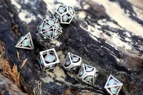 Dragon's Eye Hollow Metal Dice Set - Aqua Blue Gems -