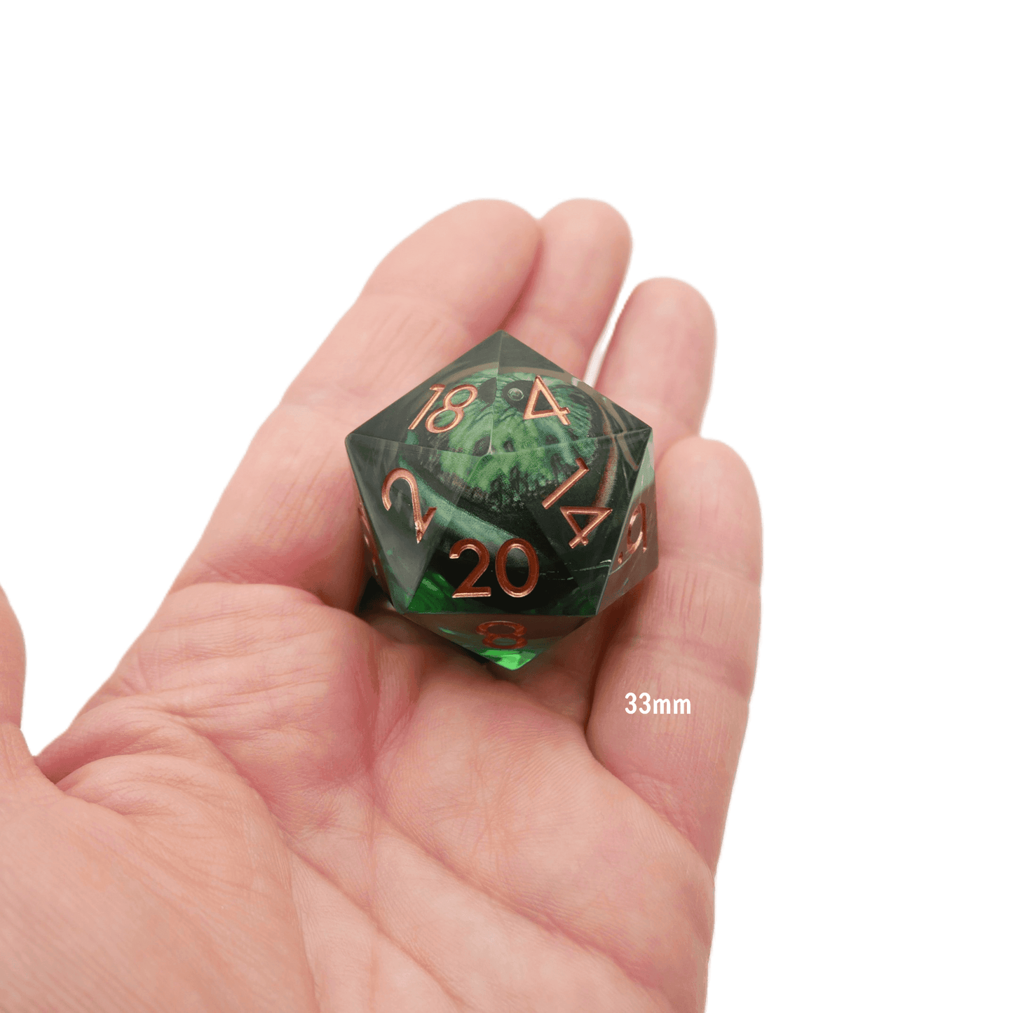 Green Slaadi's Eye - Giant D20 Moving Eye DnD Dice | Acrylic RPG Gaming Dice - 33mm Chonk