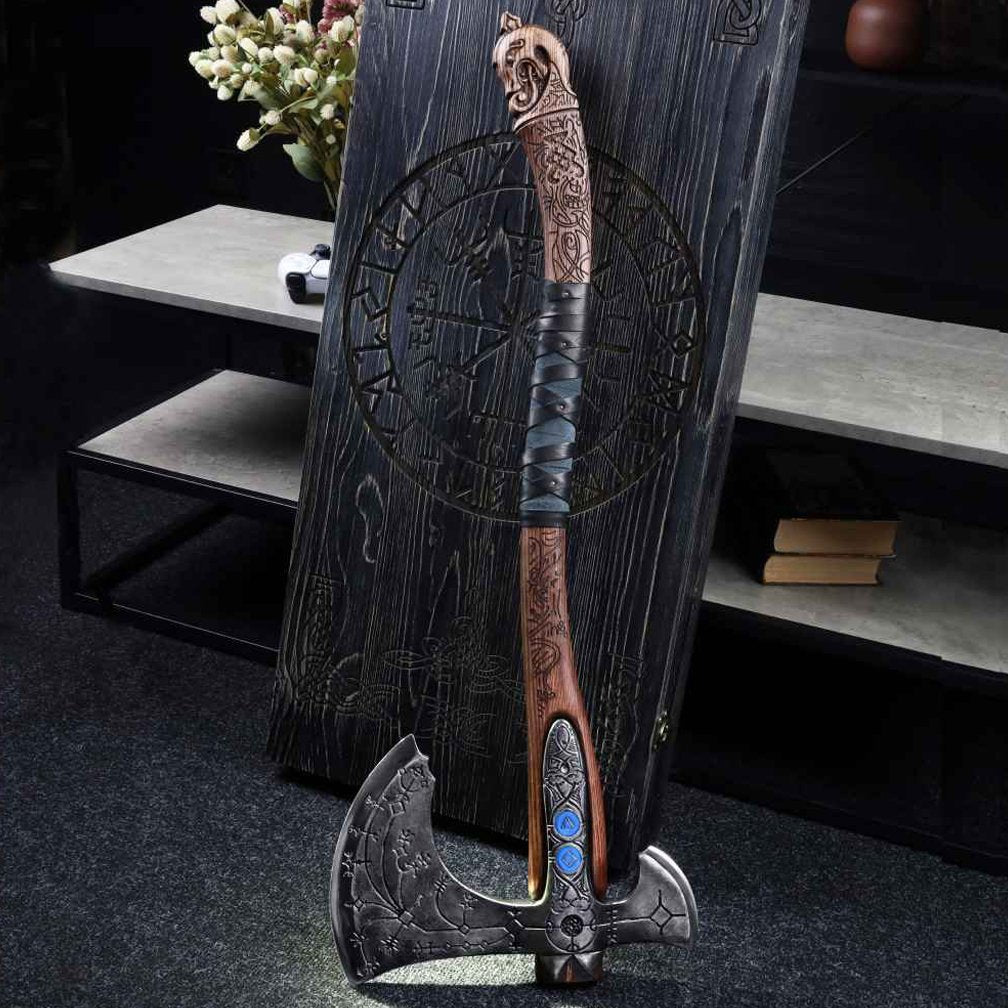 Hand-forged "Ragnarok Kratos axe" with carved handle and Luminescent Glow-in-the-Dark Runes