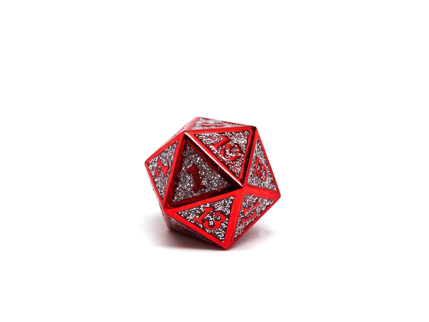 Heroic Dice of Metallic Luster - Single D20 Dice - Silver with Red Font -