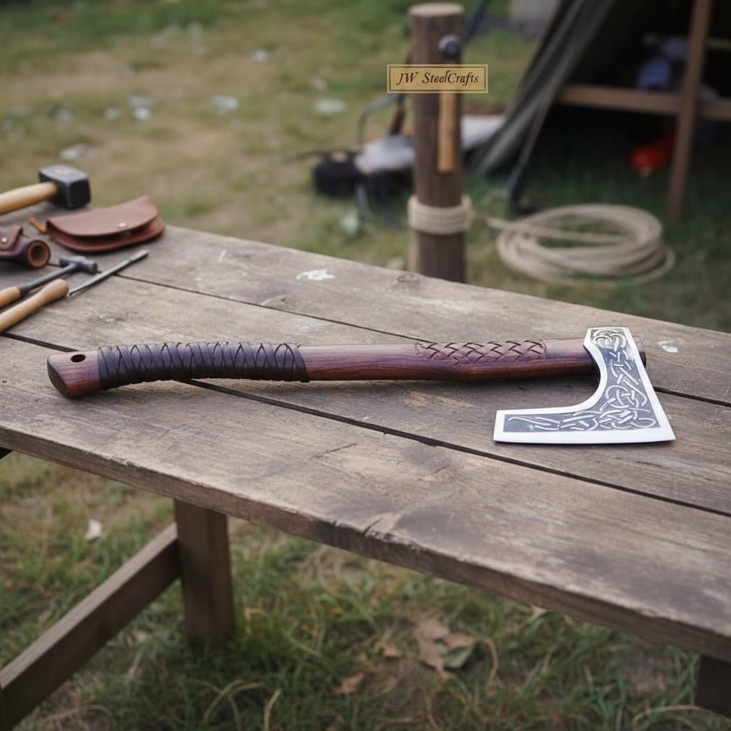 Hand-Forged Viking Bearded Camp Axe with Engraved Head and Leather Wrapped Handle