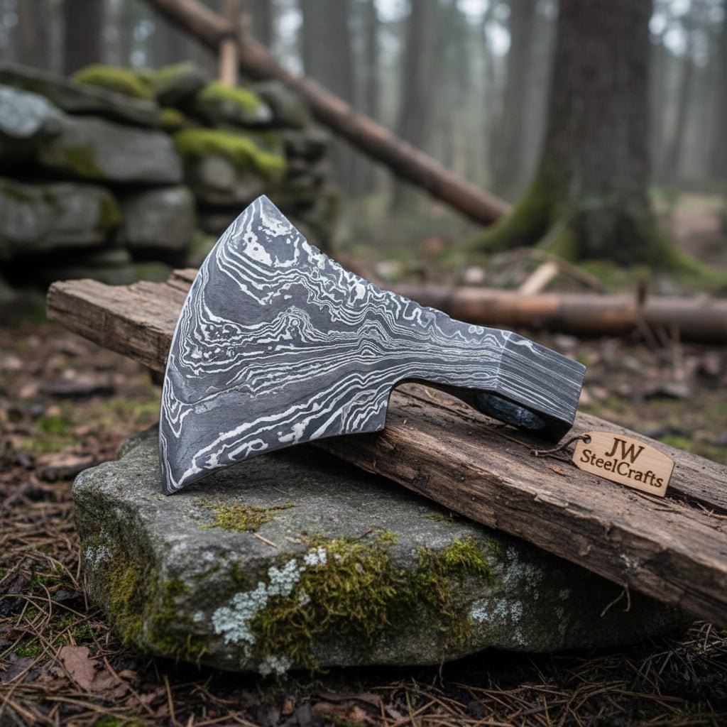 Custom Damascus Steel Axe Head Blank – Hand Forged Bearded Axe Blade for Handle Making | JW SteelCrafts