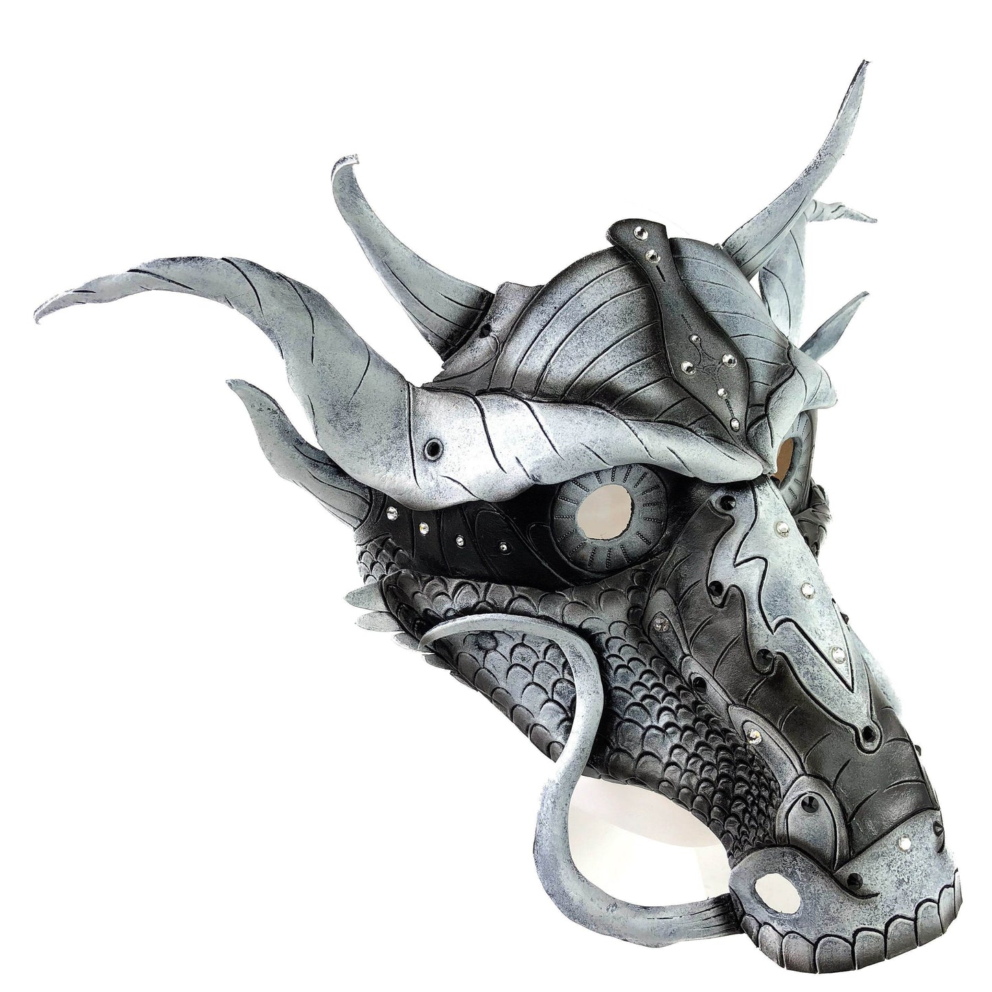 Grey Ancient Dragon Leather Mask with Swarovski Crystals -