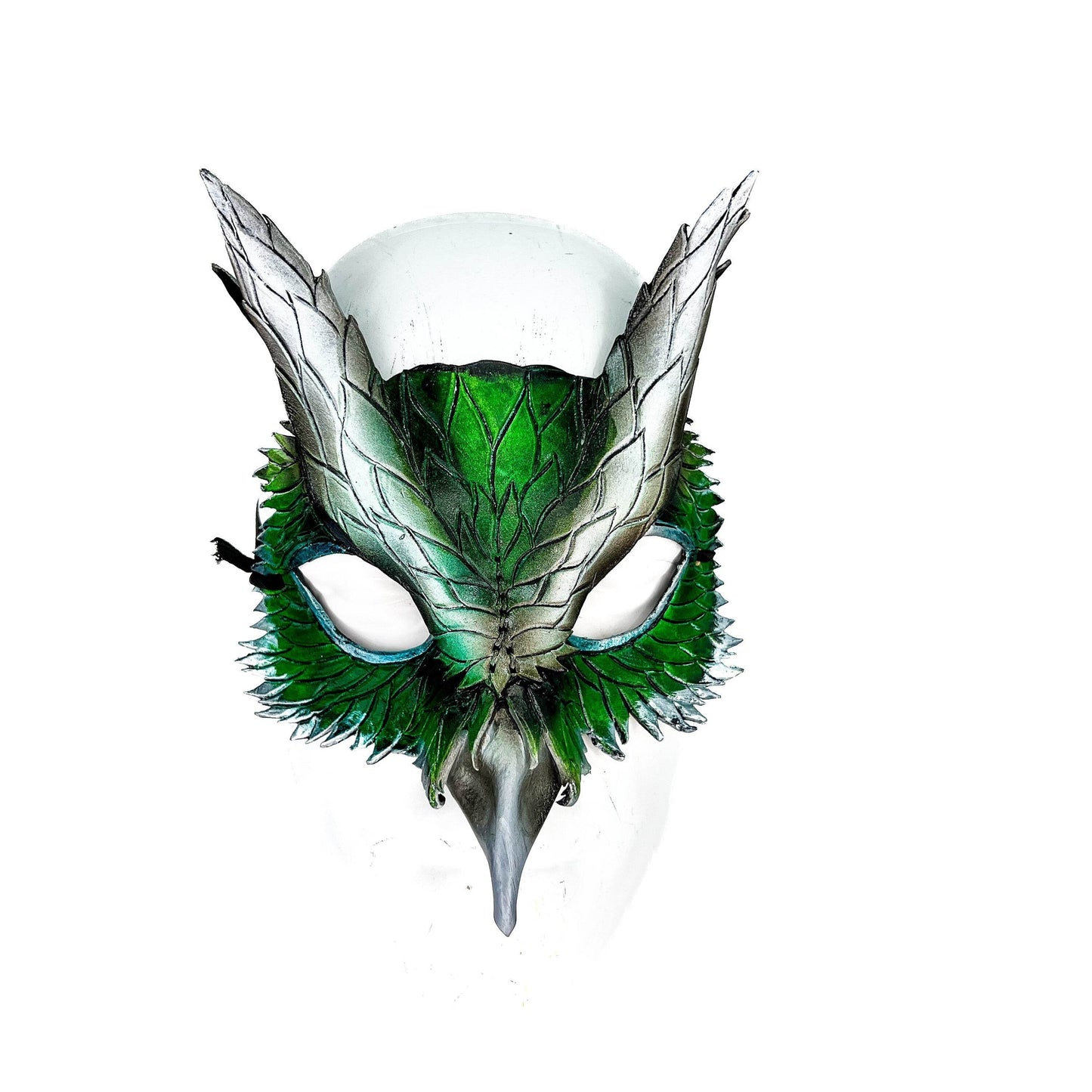 Layered Green Eagle Owl Handmade Genuine Leather Mask -