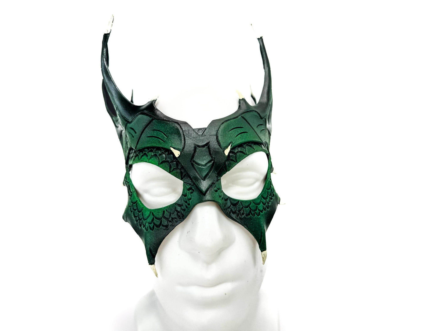 Green Dragon Crown Eye Mask - Handmade Genuine Leather - Masquerade, Halloween or Cosplay Costume -