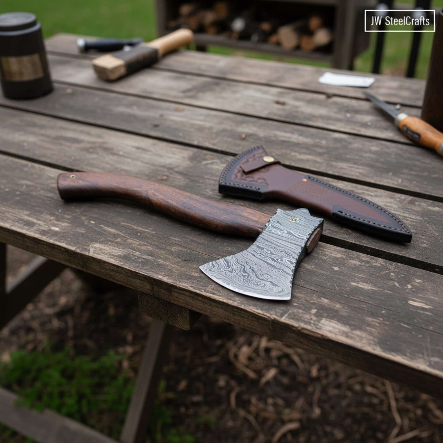 Hand Forged Damascus Bearded Camp Axe | Curved Hardwood Handle | JW SteelCrafts