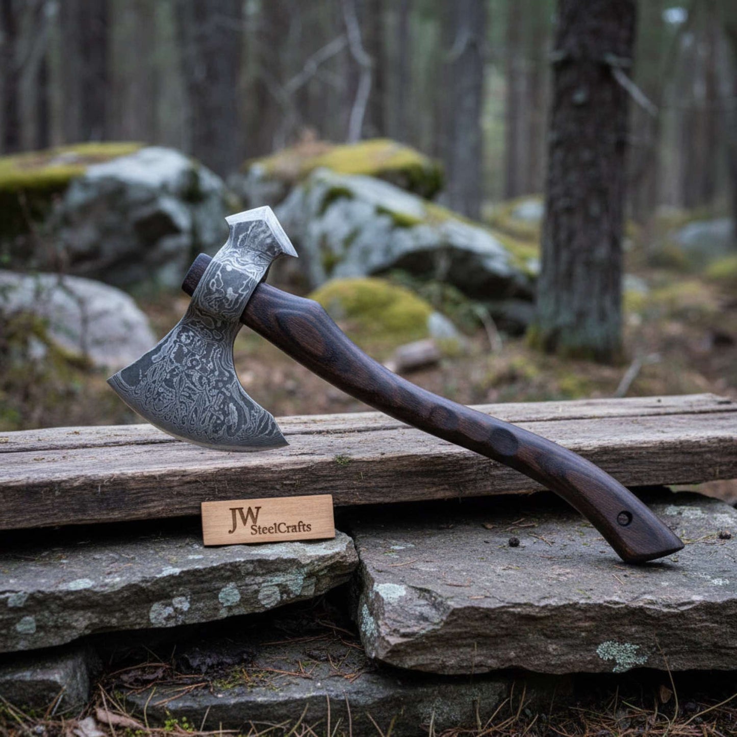 Hand-forged Scandinavian Forest Axe with Damascus Blade and Ergonomic Wood Handle