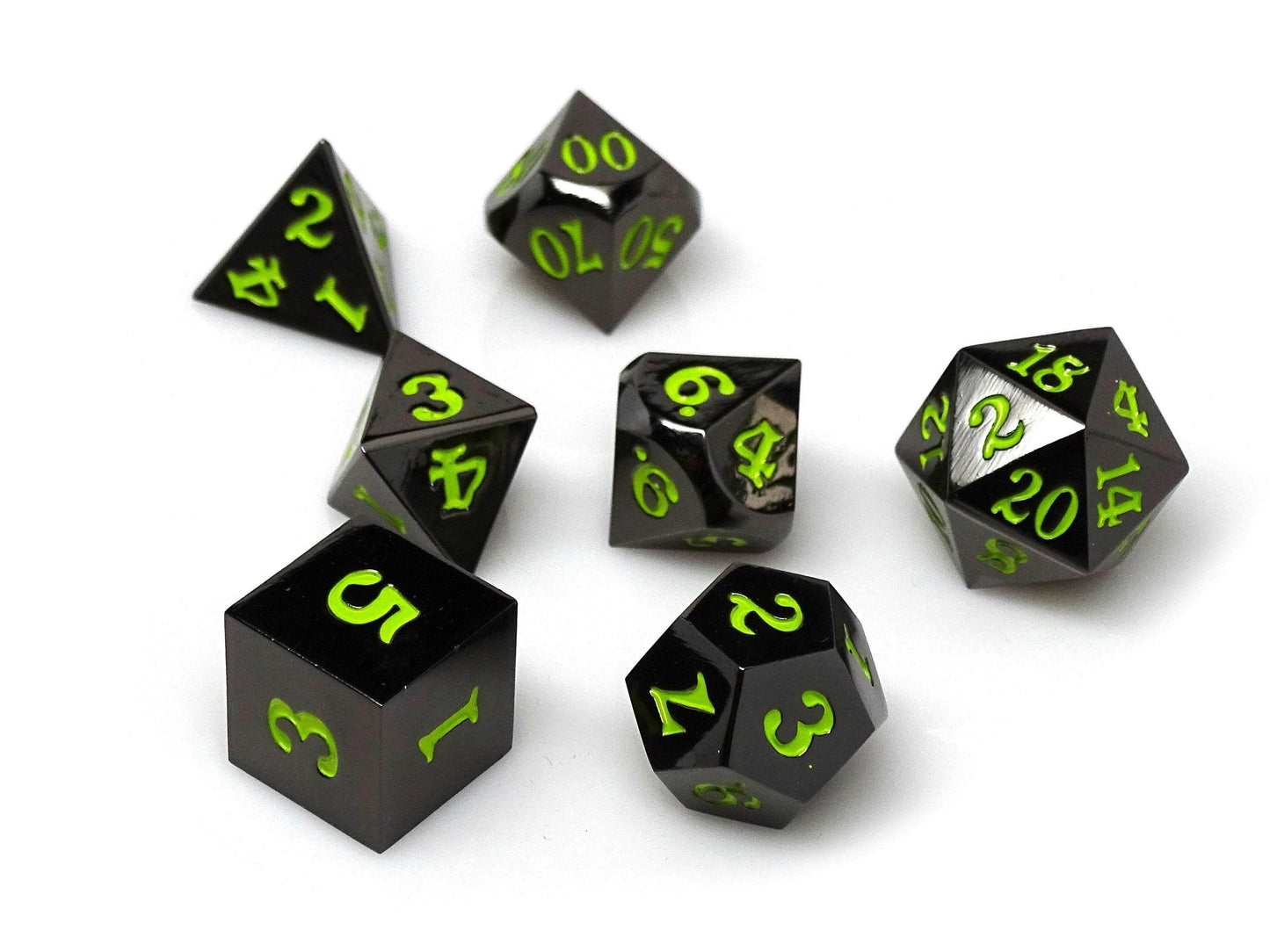 Gun Metal 7 Piece Dice Set - Signature Font - Lime -