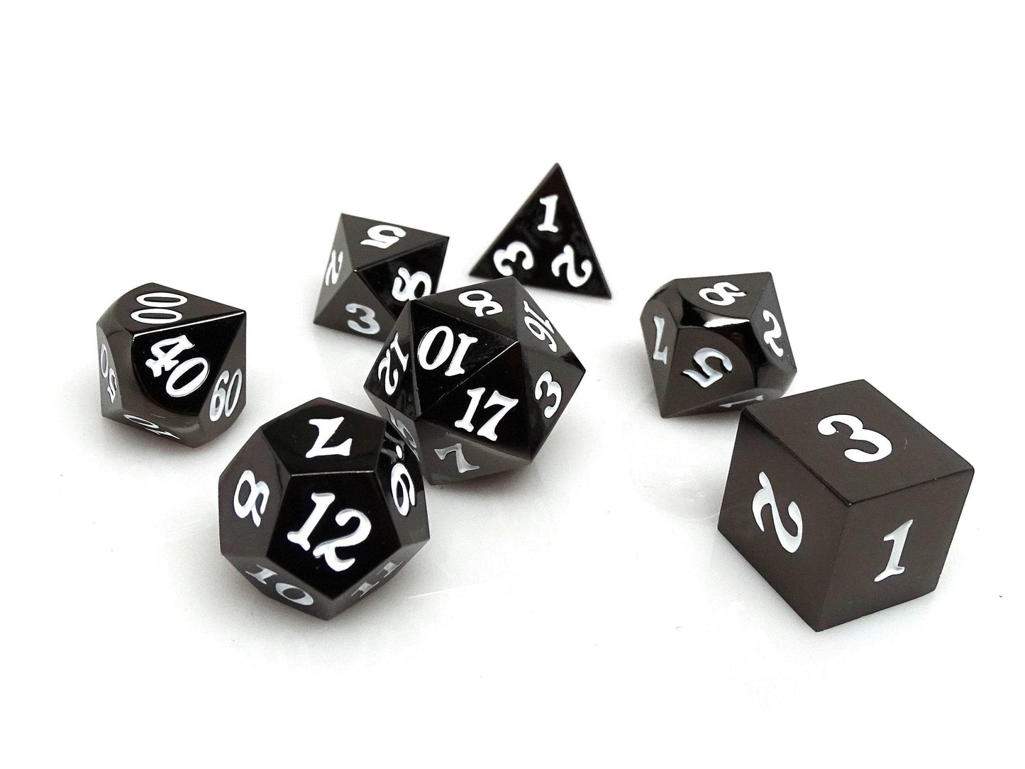Gun Metal 7 Piece Dice Set - Signature Font - White -