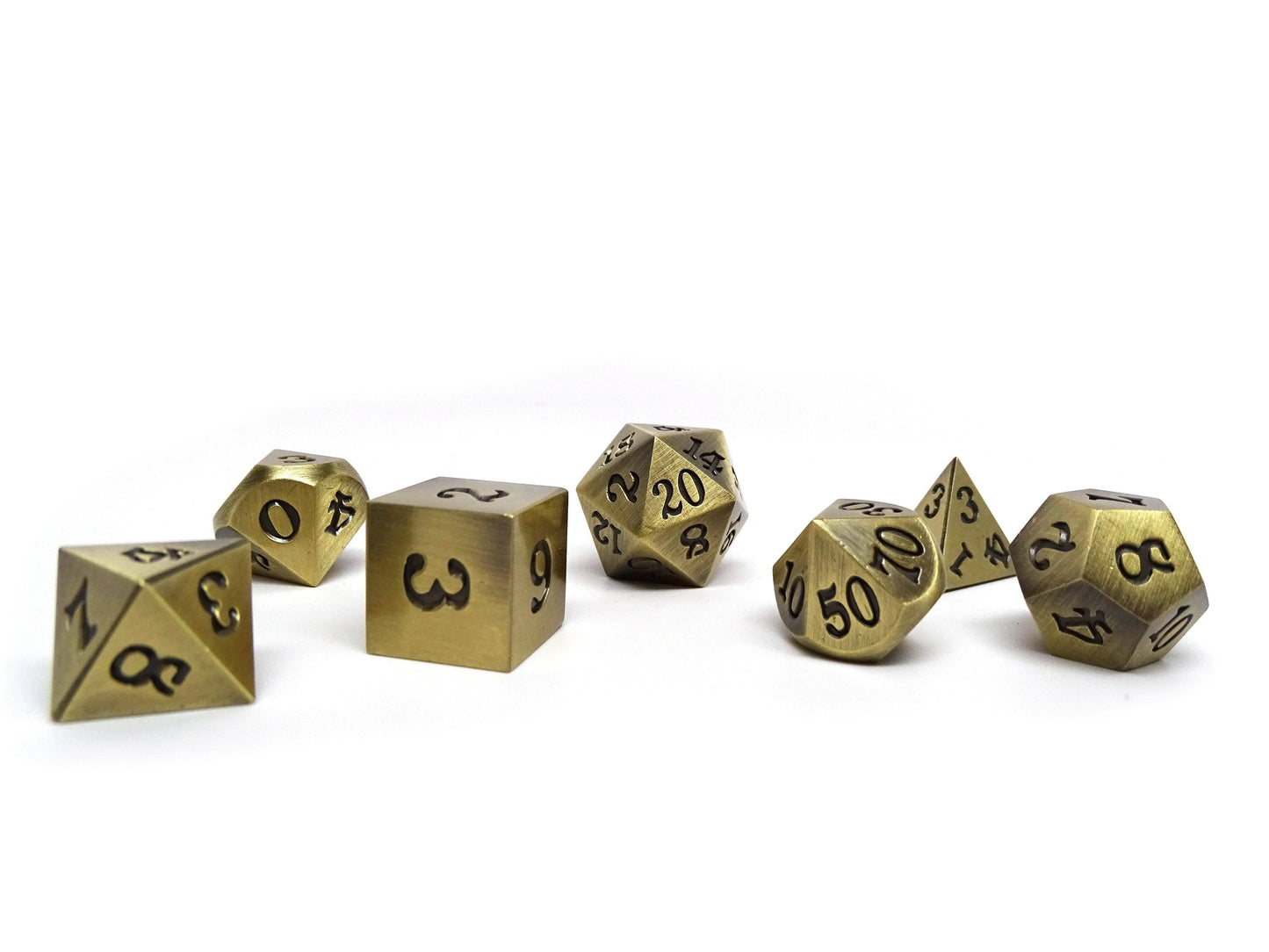Legendary Bronze 7 Piece Metal Dice Set - Black Signature Font -