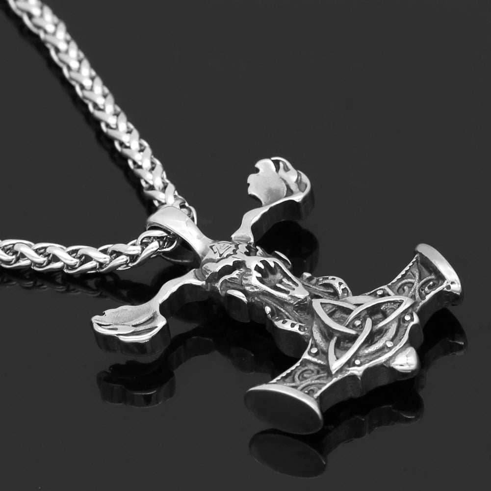 Vikings Goat Skull Mjolnir Stainless Steel Necklace -