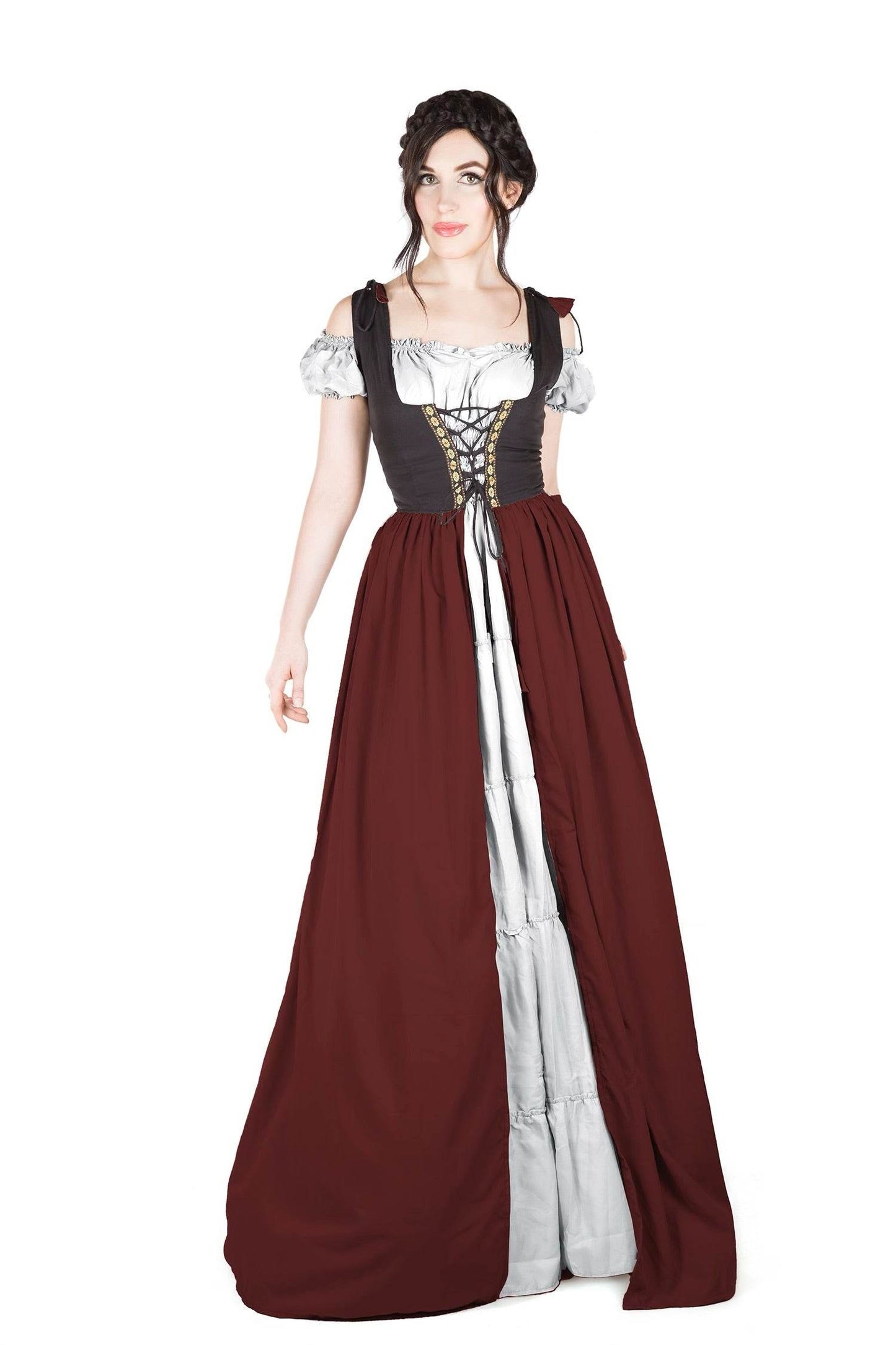 Renaissance Faire Dress Medieval Costume Irish Boho Full Costume - L/XL / Black/Burgundy