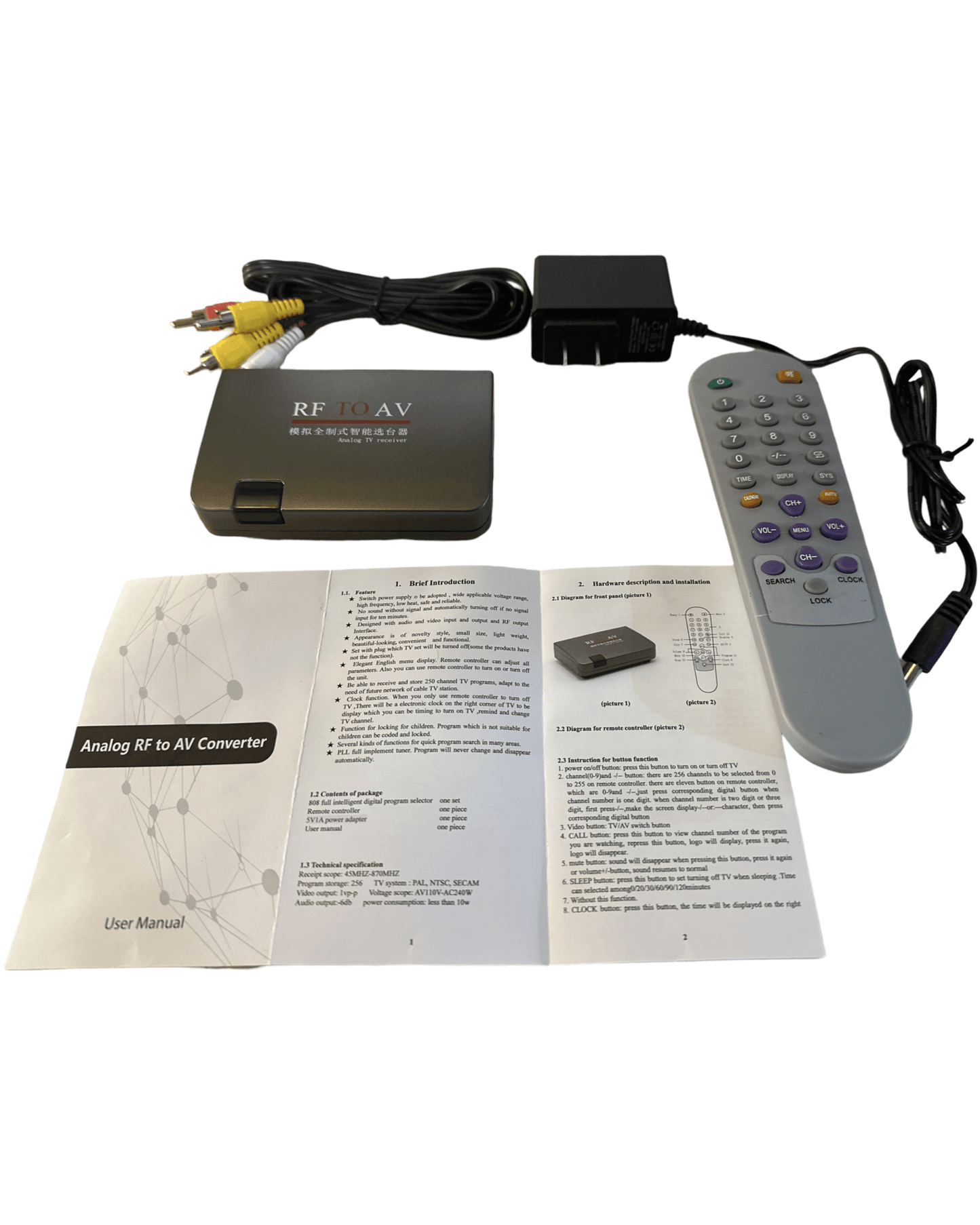 RF to AV Analog TV Receiver Converter Modulator Power Adapter w/AV Cable -