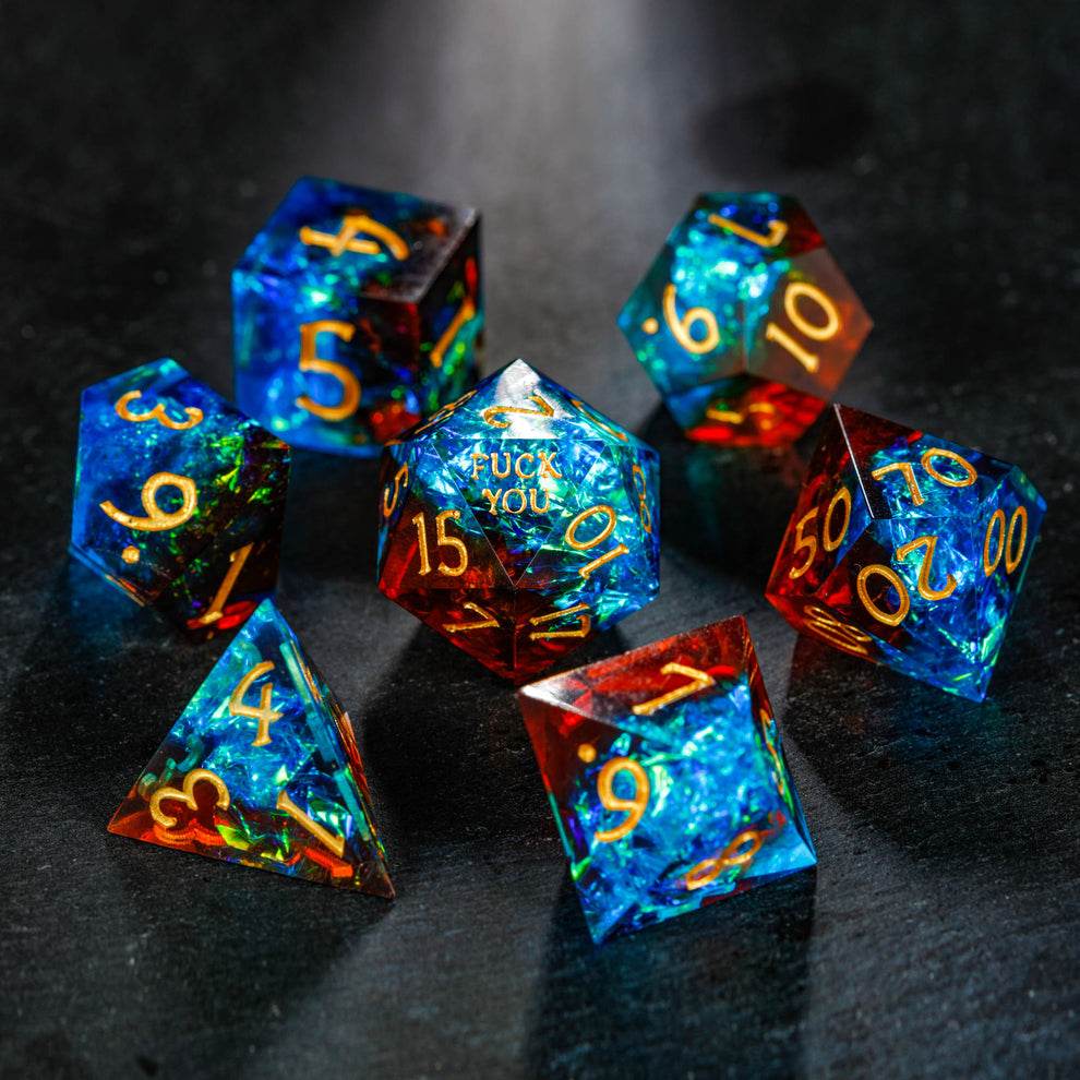 Set of 7 F you dice - Blue Galaxy Resin F Word DnD D&D Dice Set