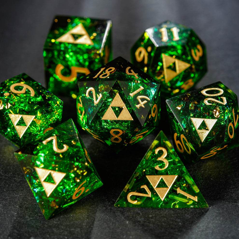 Set of 7 Zelda triforce dice - Dark Green Glitter Resin All Zelda DnD D&D Dice Set