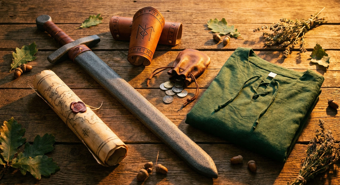 A flat-lay of LARP beginner gear including a foam sword, leather bracers, a parchment map, and a medieval tunic arranged on a rustic wooden surface in warm golden light.