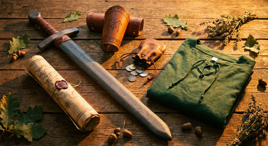 A flat-lay of LARP beginner gear including a foam sword, leather bracers, a parchment map, and a medieval tunic arranged on a rustic wooden surface in warm golden light.