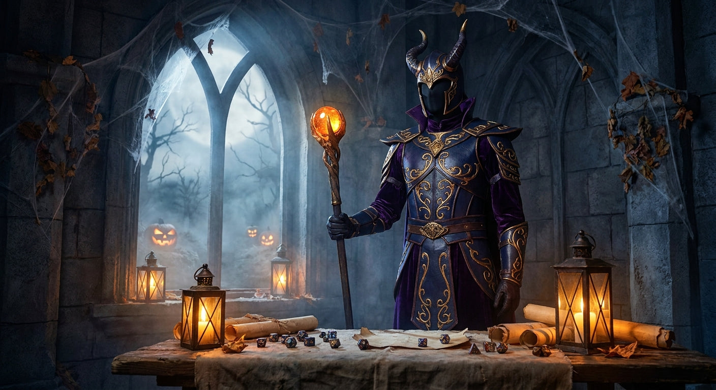 A dramatically lit fantasy warrior costume with glowing staff and polyhedral dice on a dark wooden surface surrounded by candlelight and Halloween fog.