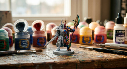 A fantasy D&D miniature being painted on a wooden hobby desk, transitioning from grey primer to vivid color, surrounded by small paint pots and a fine brush in warm natural light.