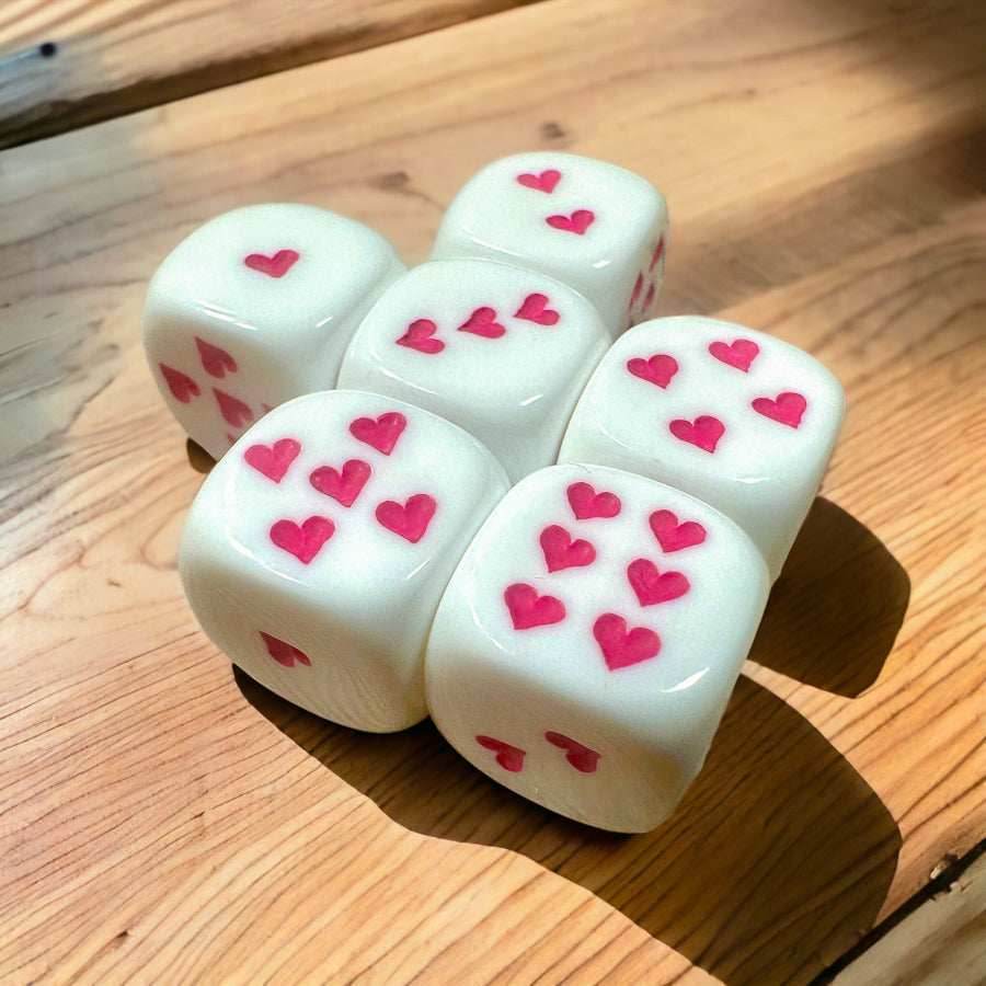 Opaque White/Pink 16mm D6 Dice with Heart Pips (sold per piece) - 
