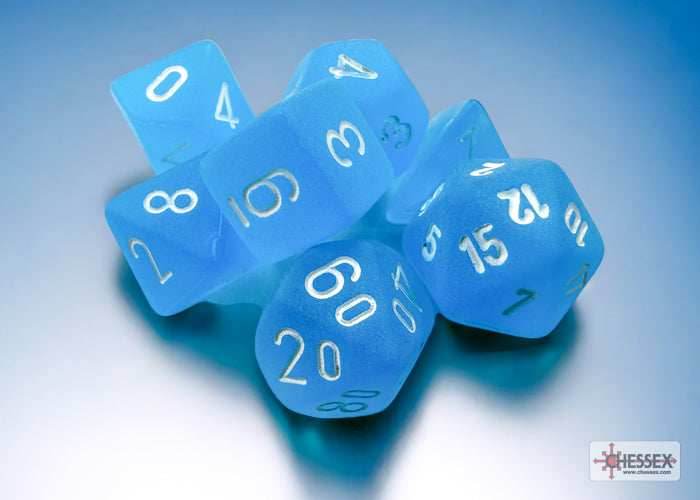 Frosted Caribbean Blue/white Mini-Polyhedral 7-Die Set (Mini Poly Release 3) - 