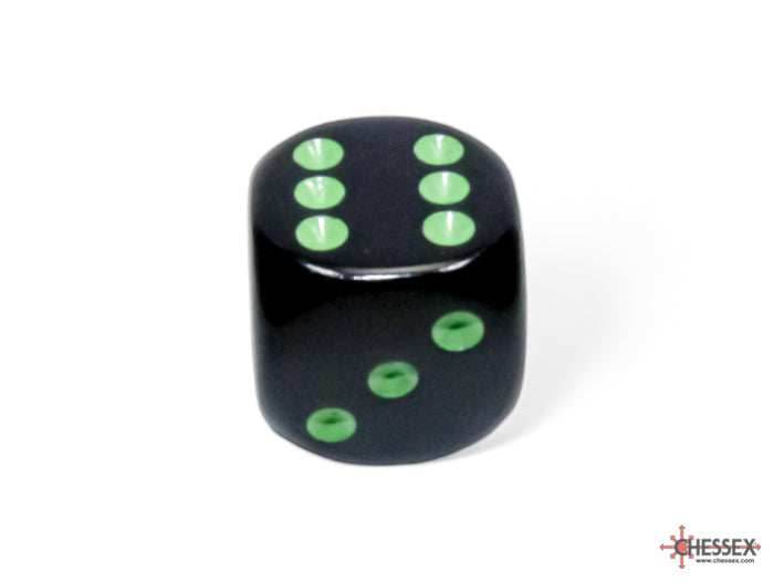 Chessex Opaque 16mm Pipped d6 Standard Dice Collection - Classic Colors - Available Individually - Black w/Green Dots