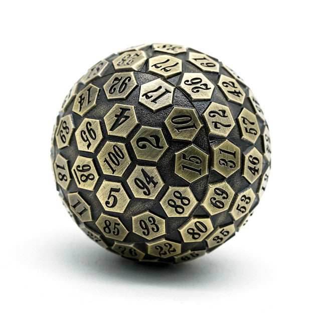 Metal Single 100 Sided Polyhedral Dice (D100) | Brass Color Solid (45mm) - 