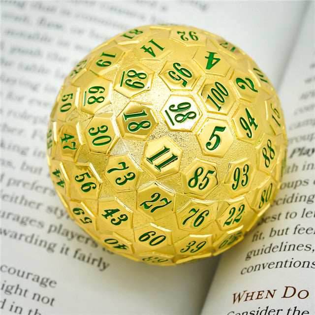 Golden Metal d100 w/ Green Numbers Dungeons and Dragons RPG - 
