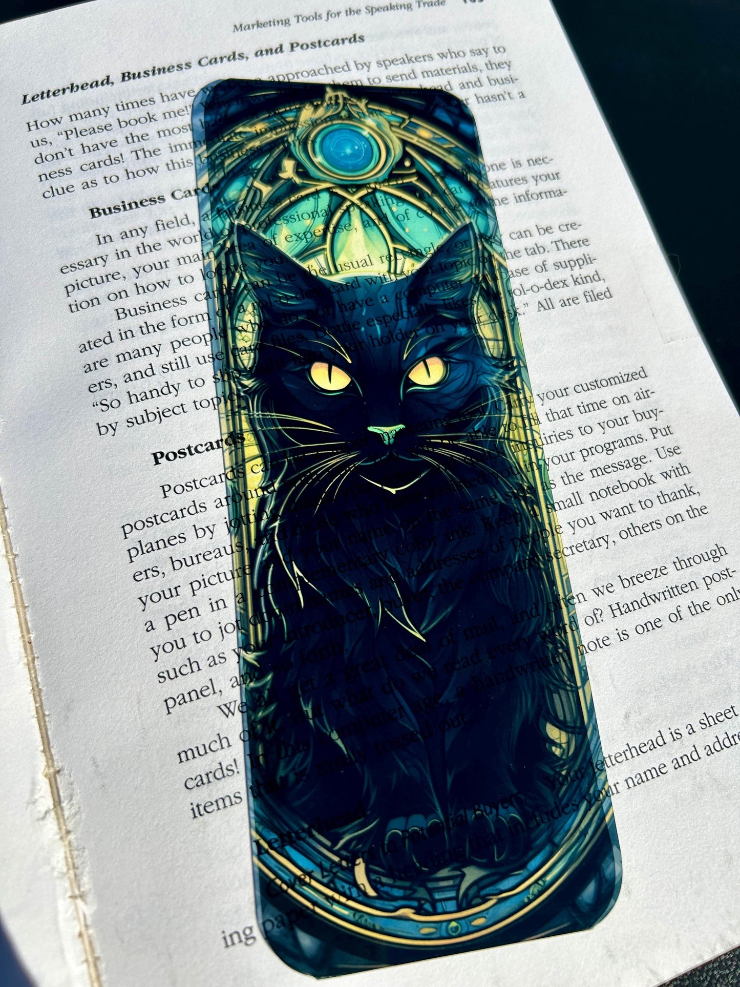 Black Cat Bookmark, Mystic Feline Art, Gothic Stained Glass, Glowing Eyes, Witchy Gift for Book Lovers