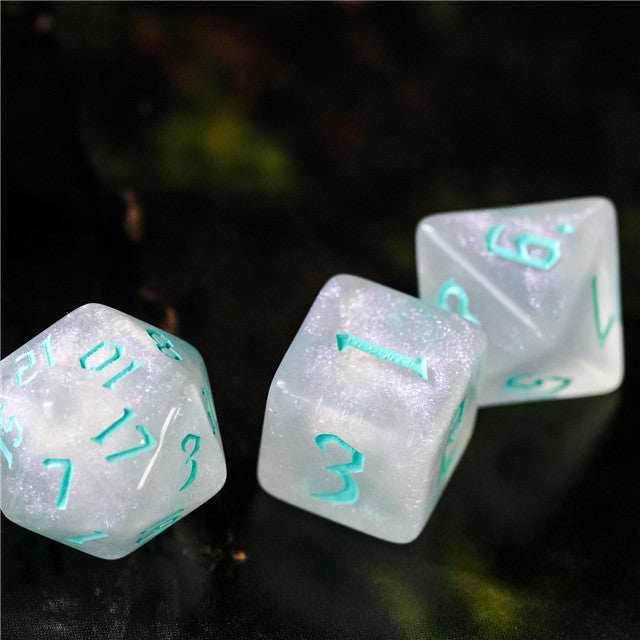 Glitter Party White Glitter Dice (Mint font) 7-Dice Set RPG DND - 
