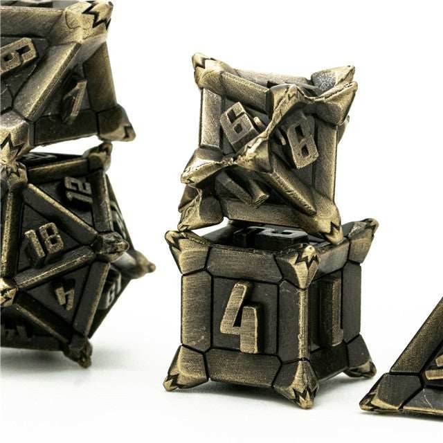 Vintage Brass Color Pinwheel Strengthened Metal 7-Dice Set | Metal DND Dice - 