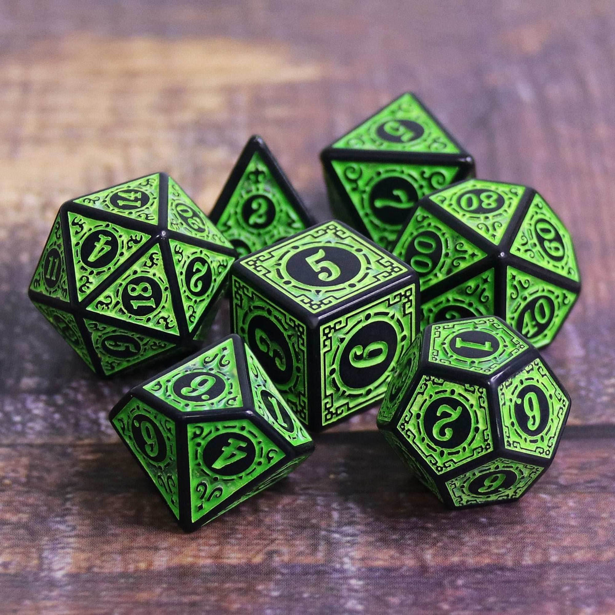 Green Magic Flame 7-Dice Set DND RPG Dice Black w/Color Fill - 