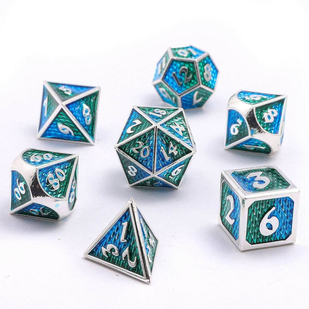 Solid Metal Mini Behemoth Dice set - Silver with Green Blue - 