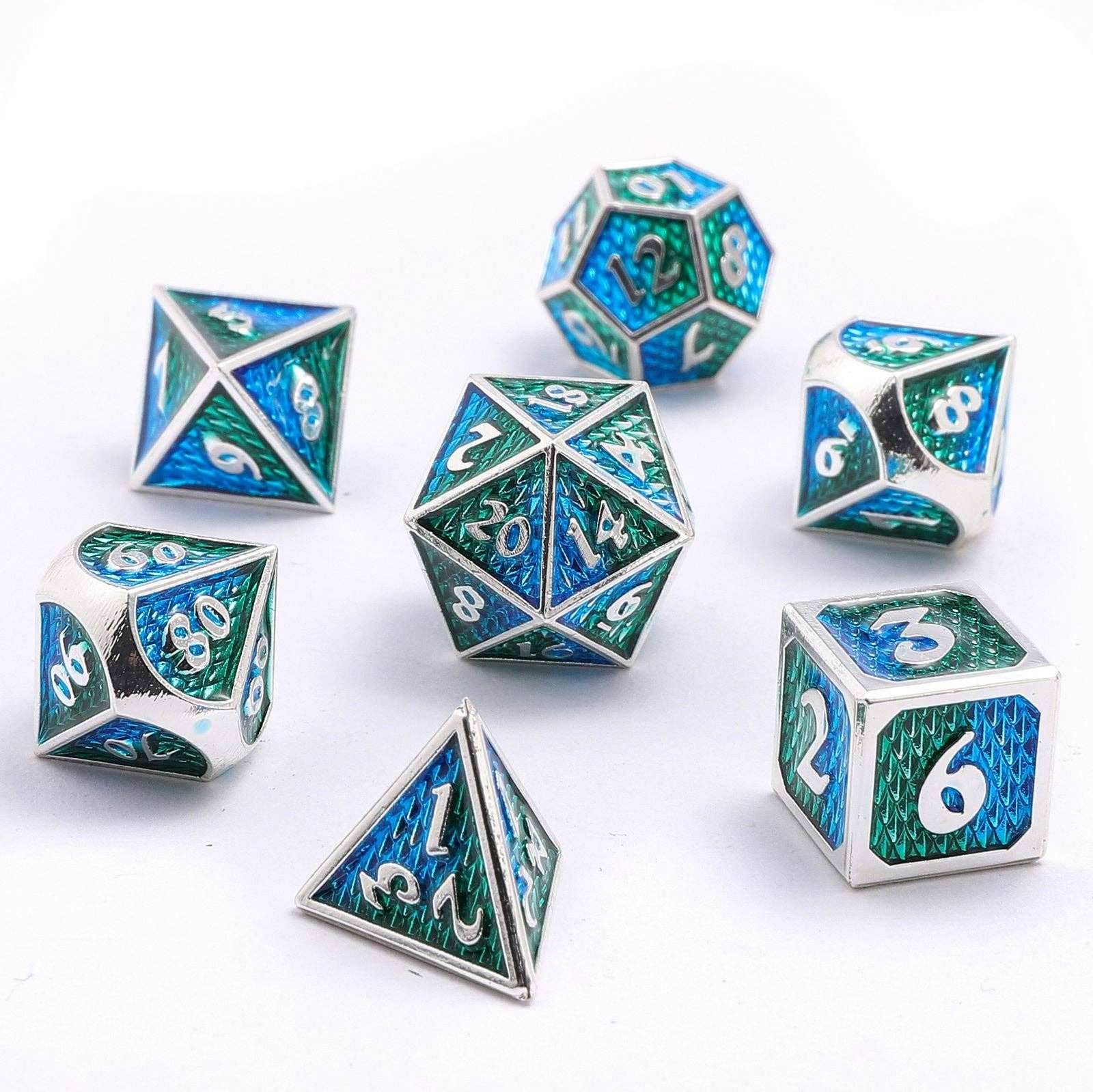Solid Metal Mini Behemoth Dice set - Silver with Green Blue - 