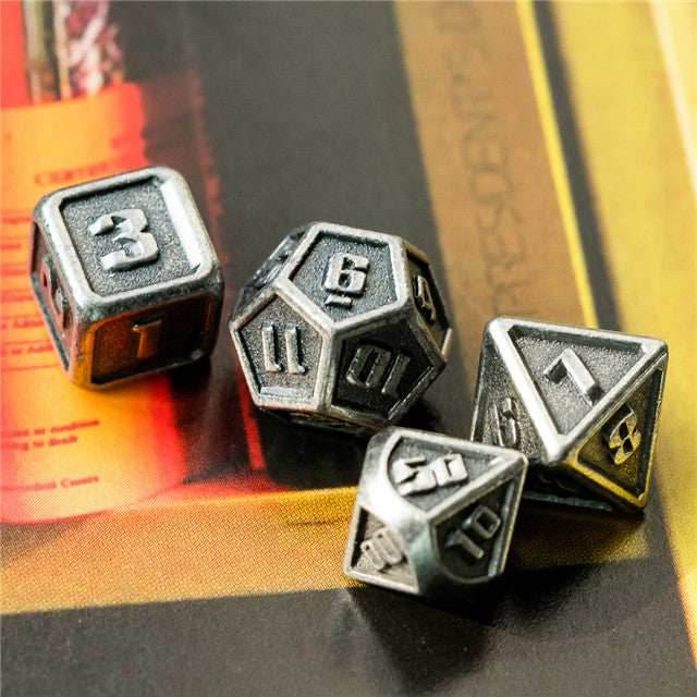 Silver Mini Metal Dice Ancient Effect | (10mm to 15mm) 7-Dice Udixi RPG - 
