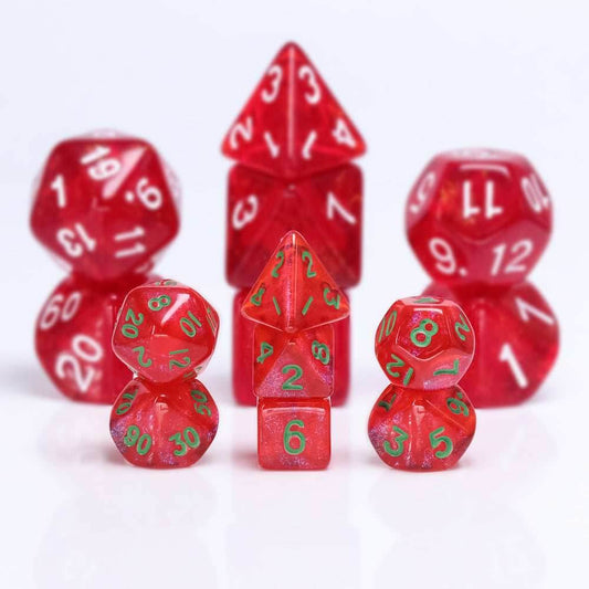 Glitter Red 7-Dice Mini-Dice RPG Set w/Green Numbers Miniature Dice - 