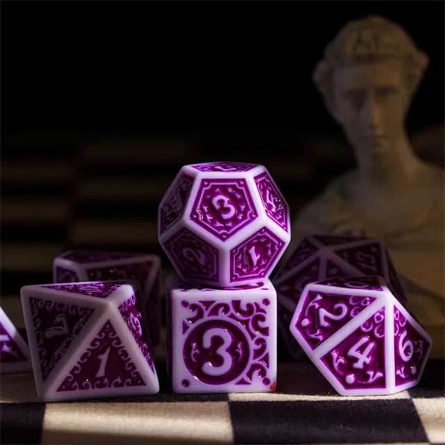 White with Purple rregular Pattern Fill: 7-Piece Acrylic Dice Set - 