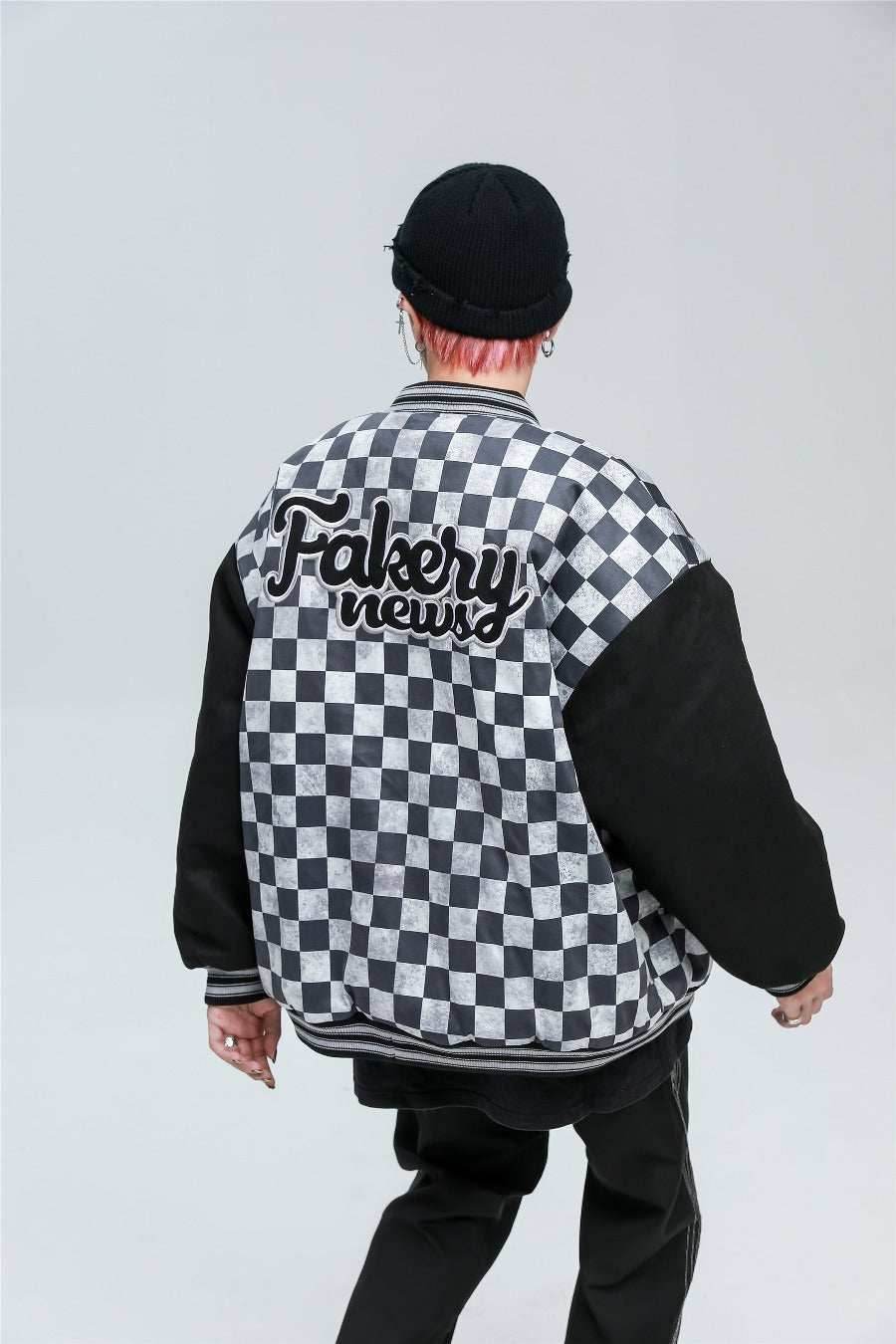 Checkered Winter Bomber Jacket - Grey / S